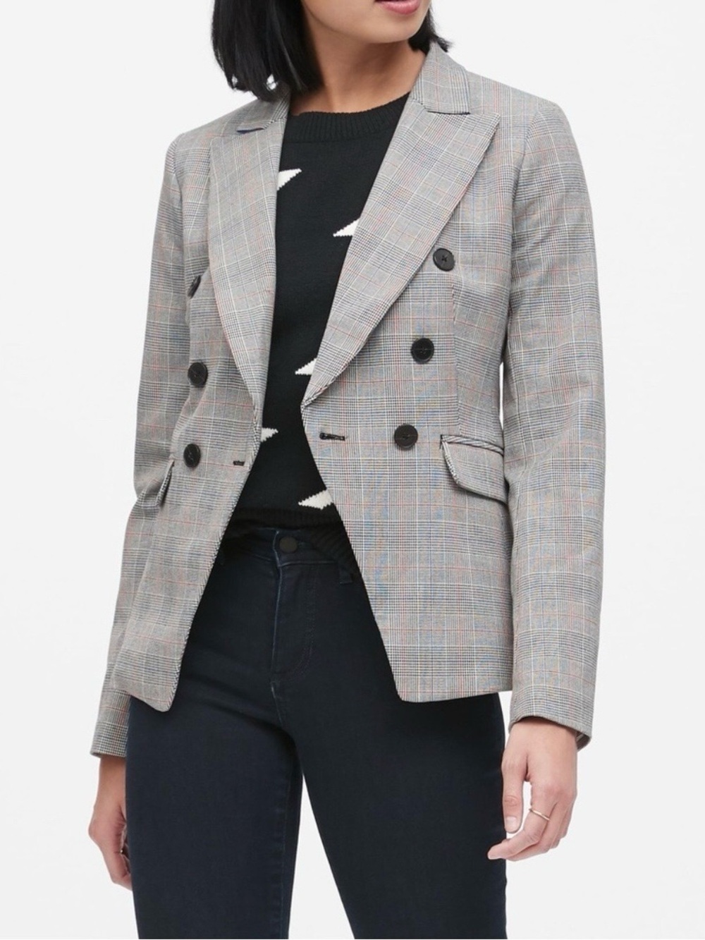 Banana Republic Glen Blazer Jacket Plaid Print Double-Breasted Stretch Size 2